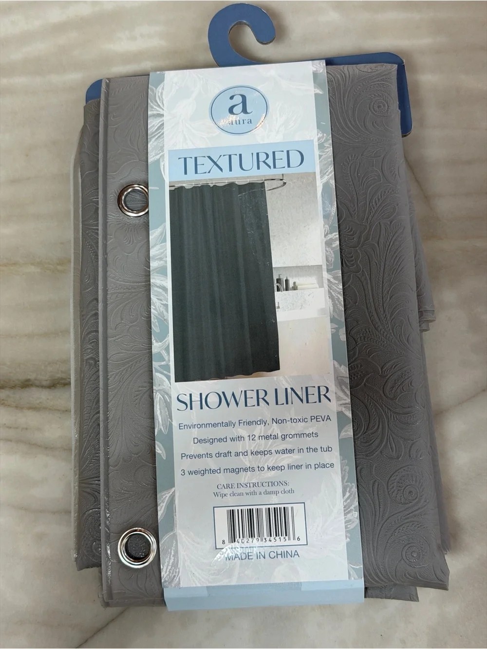 Aura Gray Textured Shower Liner with Metal Grommets